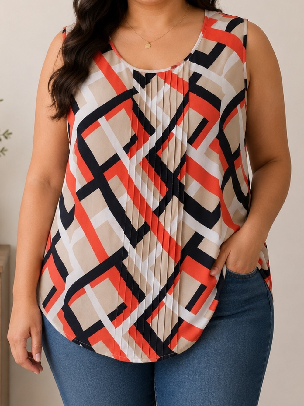 Ann Taylor Womens Geometric Pleated Tank Coral Black Cream Workwear Chic